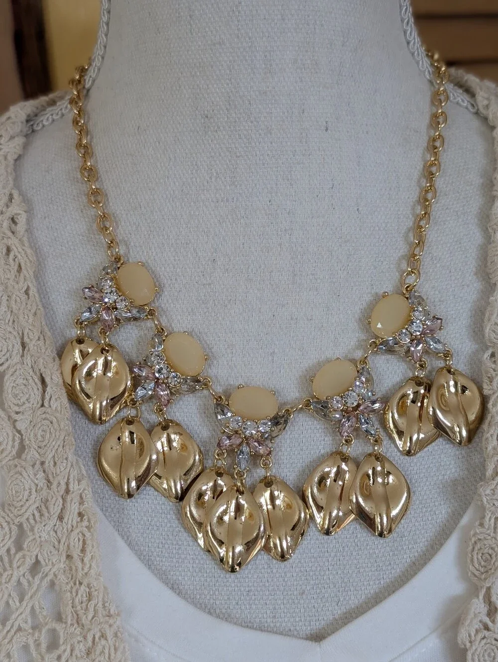 Macy's INC Gold Pink Stone & Crystal Petals Statement Necklace NWT
